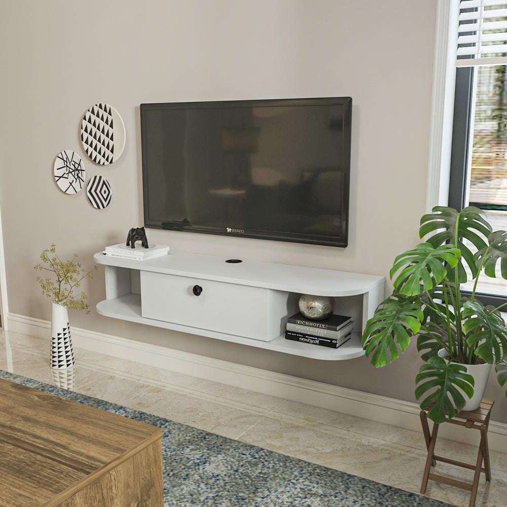 Decorotika Ibarra Single Door 2 Shelf White Wall Mounted TV Unit Image 3