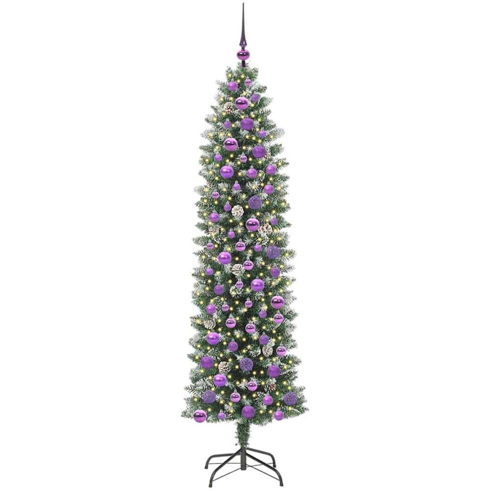 vidaXL Pre-Lit Lilac Bauble Pinecones Green Snow Flocked Artificial Pencil Christmas Tree 6ft Image 1