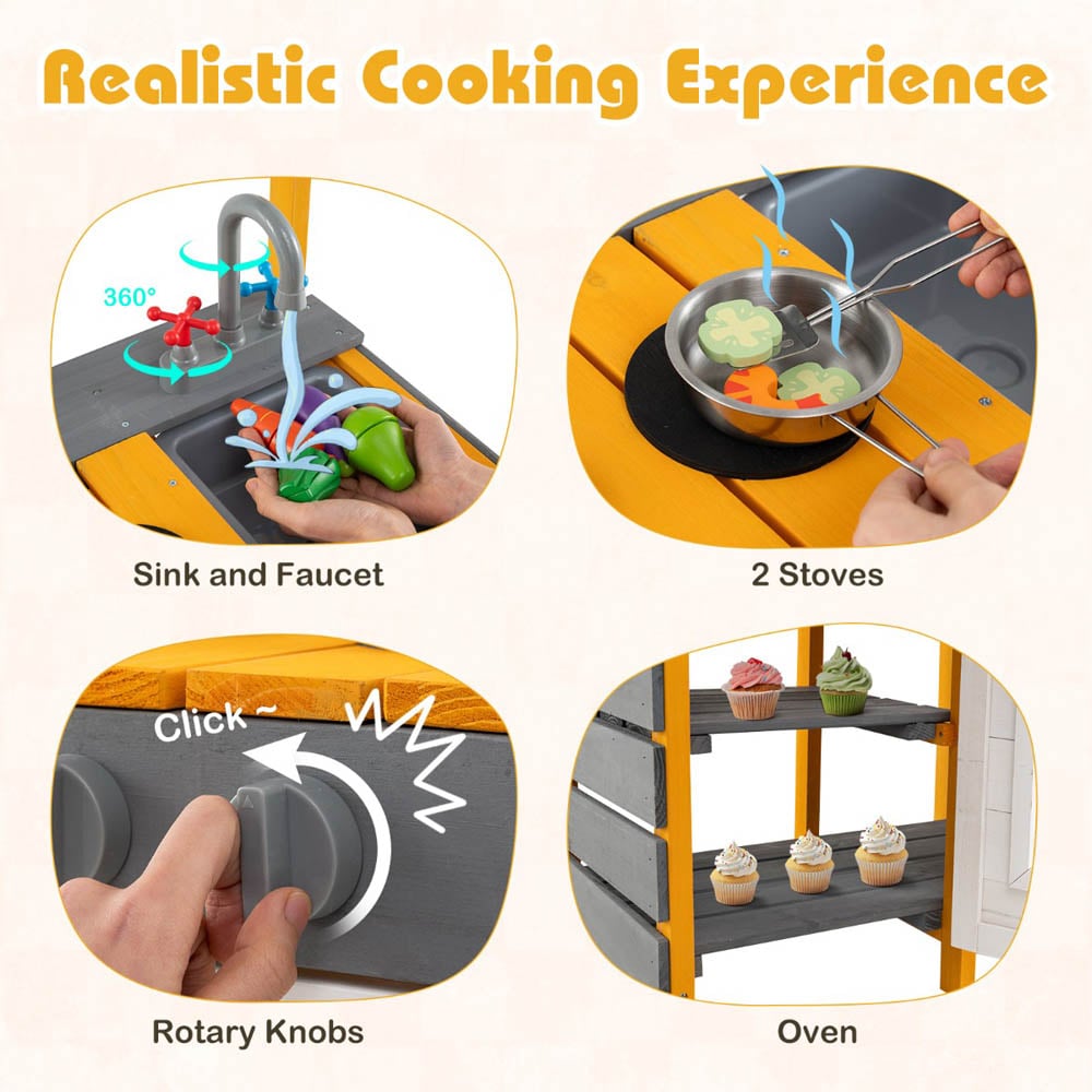 Costway Kids Grey Mud Kitchen Play Set with Stoves Removable Sink and Faucet Image 5