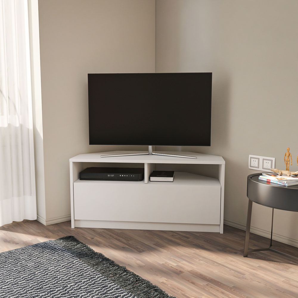 Decorotika Comero Single Door 2 Shelf White Corner TV Unit Image 7