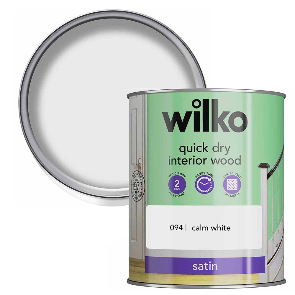 Wilko Quick Dry Interior Wood Calm White Satin Paint 750ml Image 1