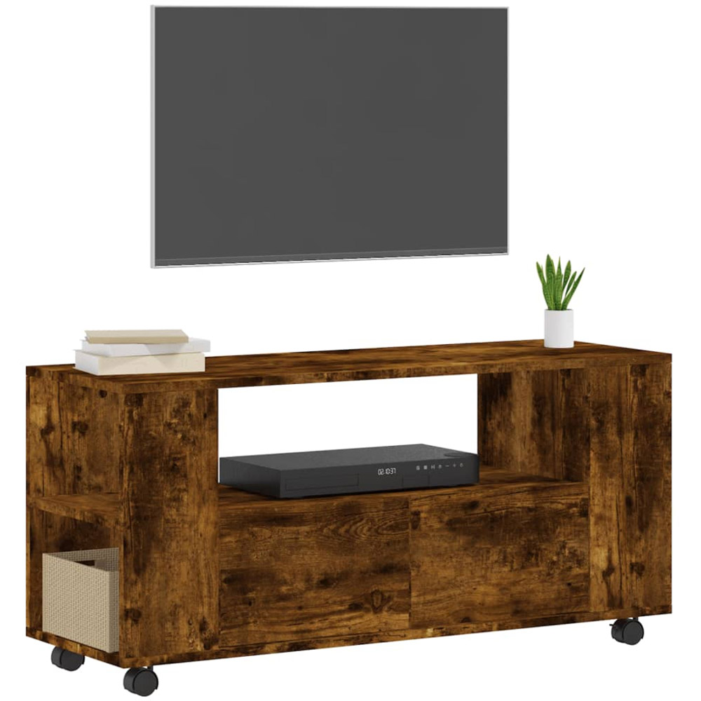 vidaXL 2 Drawer Single Open Shelf Smoked Oak TV Cabinet with Wheels Image 3