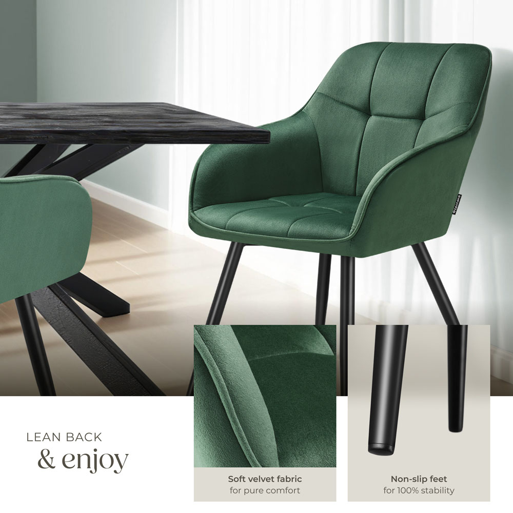 tectake Marilyn Set of 2 Dark Green and Black Quilted Velvet Dining Chair Image 4