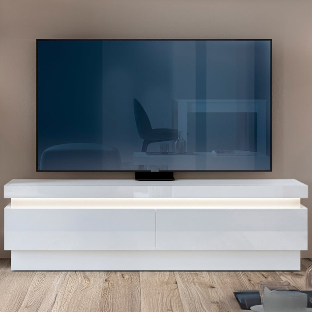 Lyon 2 Drawer White High Gloss LED TV Cabinet Image 1