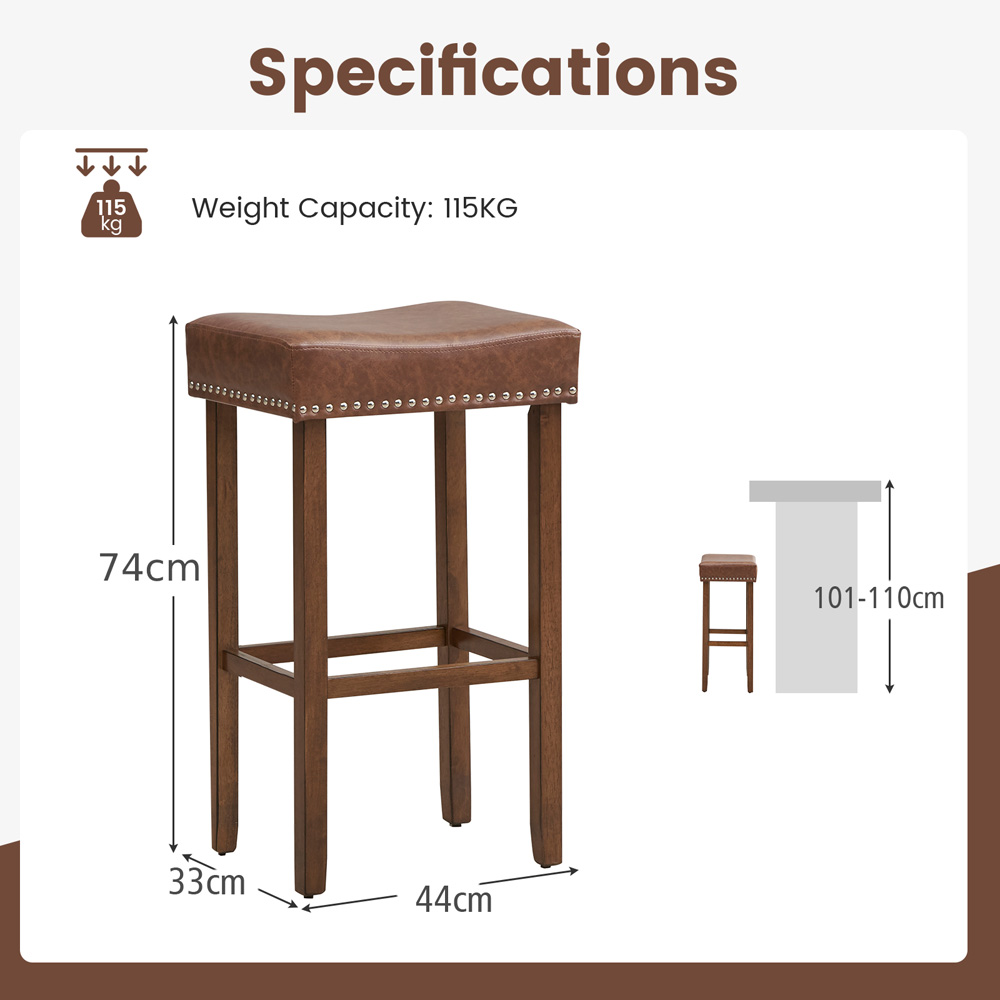 Costway Brown PU Leather Upholstered Bar Stool Set of 2 Image 8