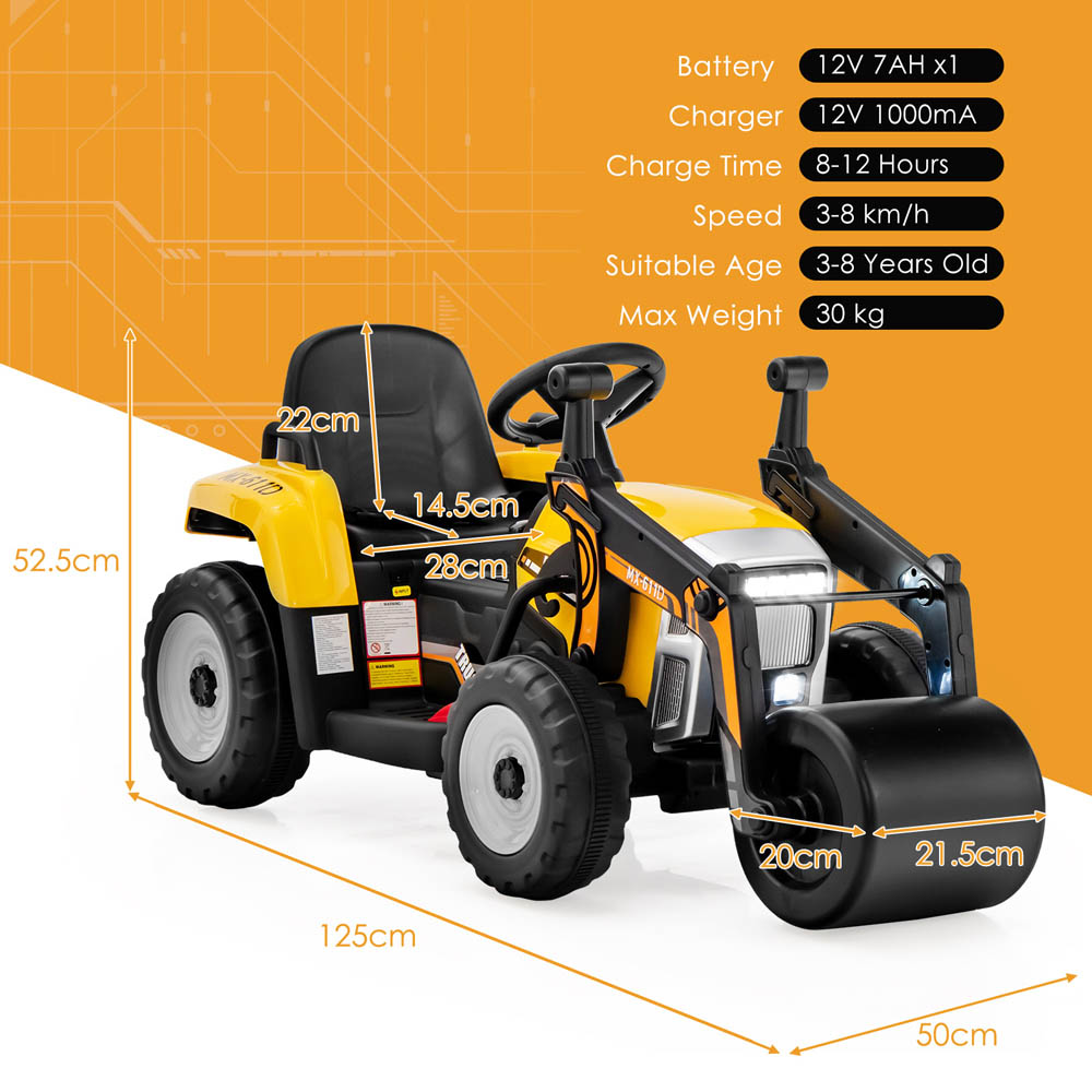 Costway Kids Yellow Ride On Road Roller with 2.4G Remote Control 12V Image 7