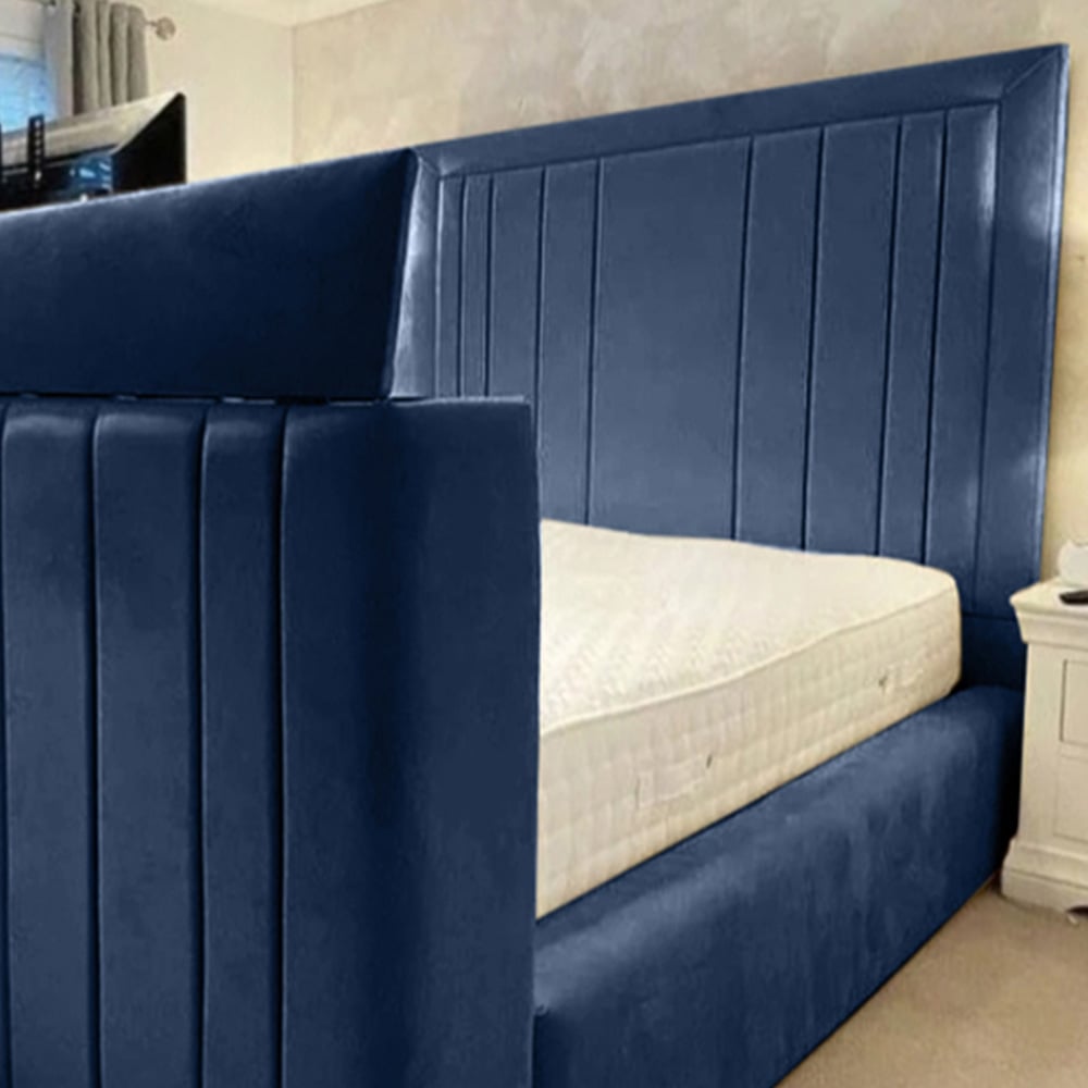 Eleganza Home Genna Super King Size Blue Plush Velvet TV Bed Frame with Lined Headboard Image 2