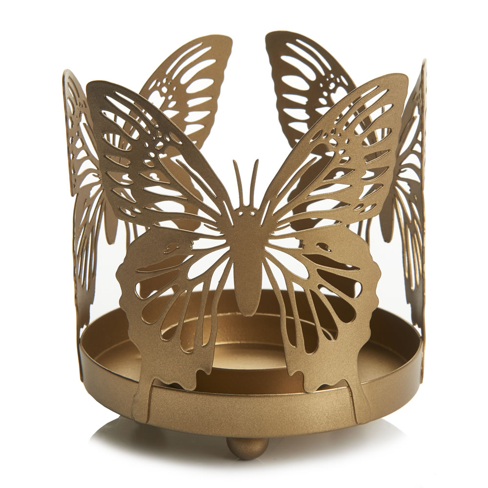 Wilko Gold Butterfly Patterned Metal Tealight Holder Image 1