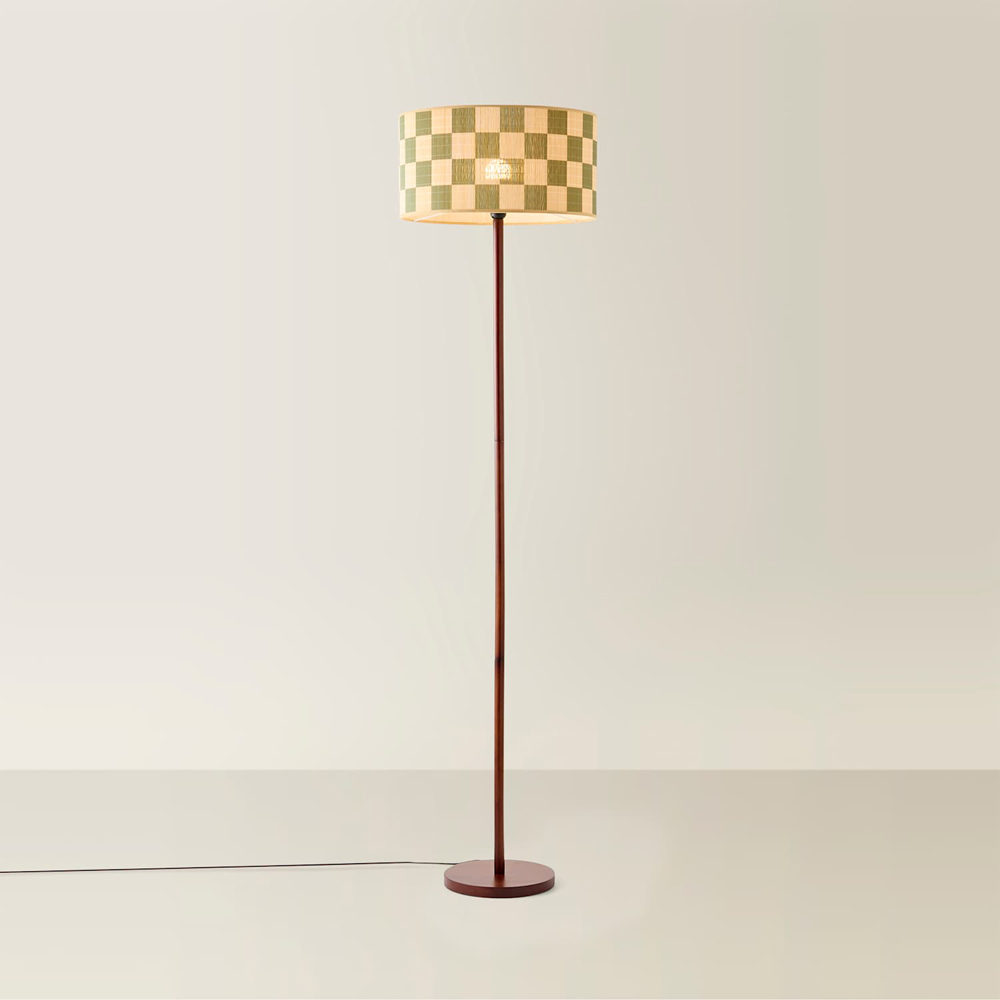 ValueLights Heather Green Check Bamboo Drum Shade Dark Wood Stem Floor Lamp with Bulb Image 3