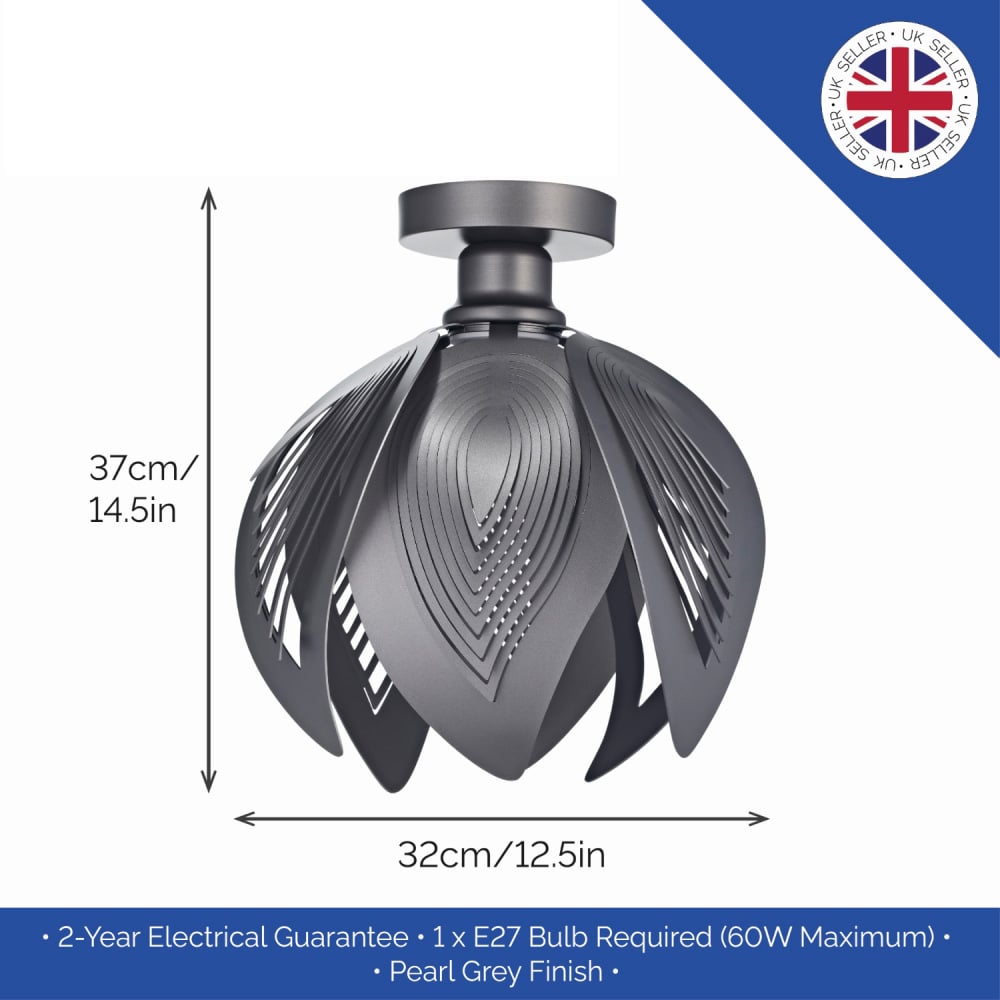 Happy Homewares Pearl Grey Semi Flush Ceiling Light with Large Leaves Image 5