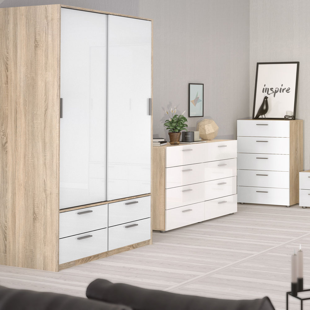 Florence Line 2 Door 4 Drawer Oak and White High Gloss Wardrobe Image 9