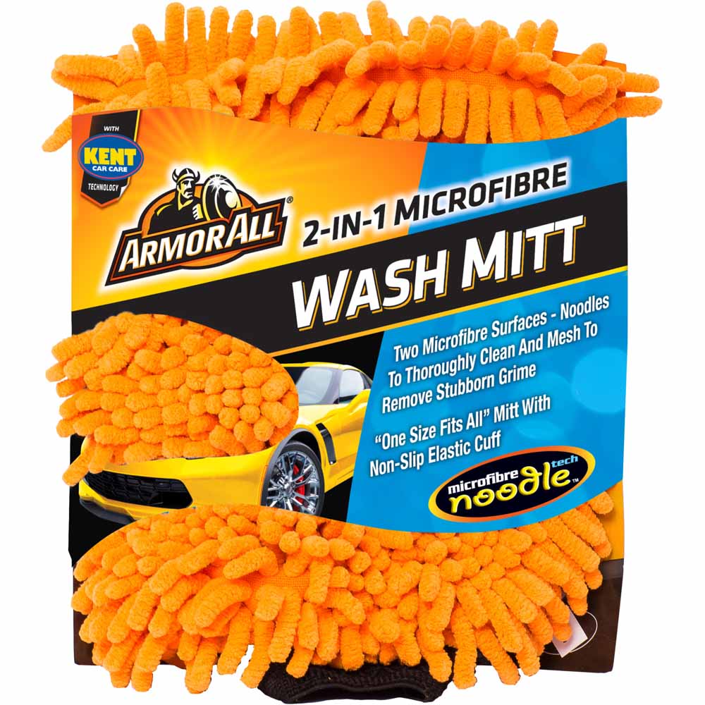 Armor All 2in1 Microfibre Noodle Wash Mitt  - wilko Keep your vehicle clean with Armour All 2in1 Microfibre Noodle Wash Mitt. The Armour microfibre noodle wash mitt has two microfibre surfaces, soft noodles to thoroughly clean and mesh to remove stubborn grime. The soft noodles microfibre surface is used for general washing, and non-scratch mesh is used for heavy-duty cleaning. The microfibre mesh is ideal for removing stubborn grime, bug and tar residue. Microfibre cleans and lifts dirt and moisture, whereas ordinary fibre pushes particles around the surface. It minimises scratching and swirl marks by lifting dirt and particles. The 2in1 Noodle Wash mitt provides soft, gentle, non-scratch and lint-free clean and is safe for all automotive finishes and bodywork. One size fits all mitt with non-slip elastic cuff.