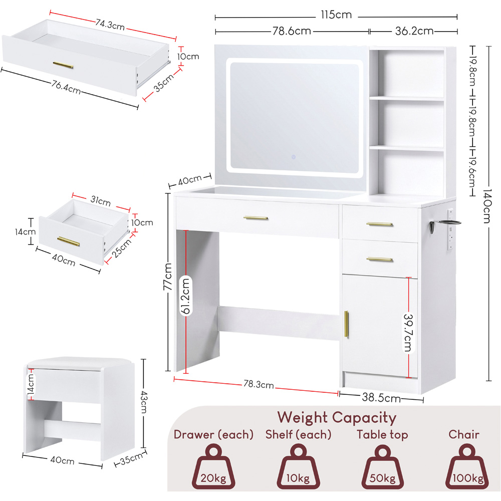 VIDA DESIGNS Clova Single Door 3 Drawer 2 Shelf White LED Dressing Table Set with Power Outlet Image 9
