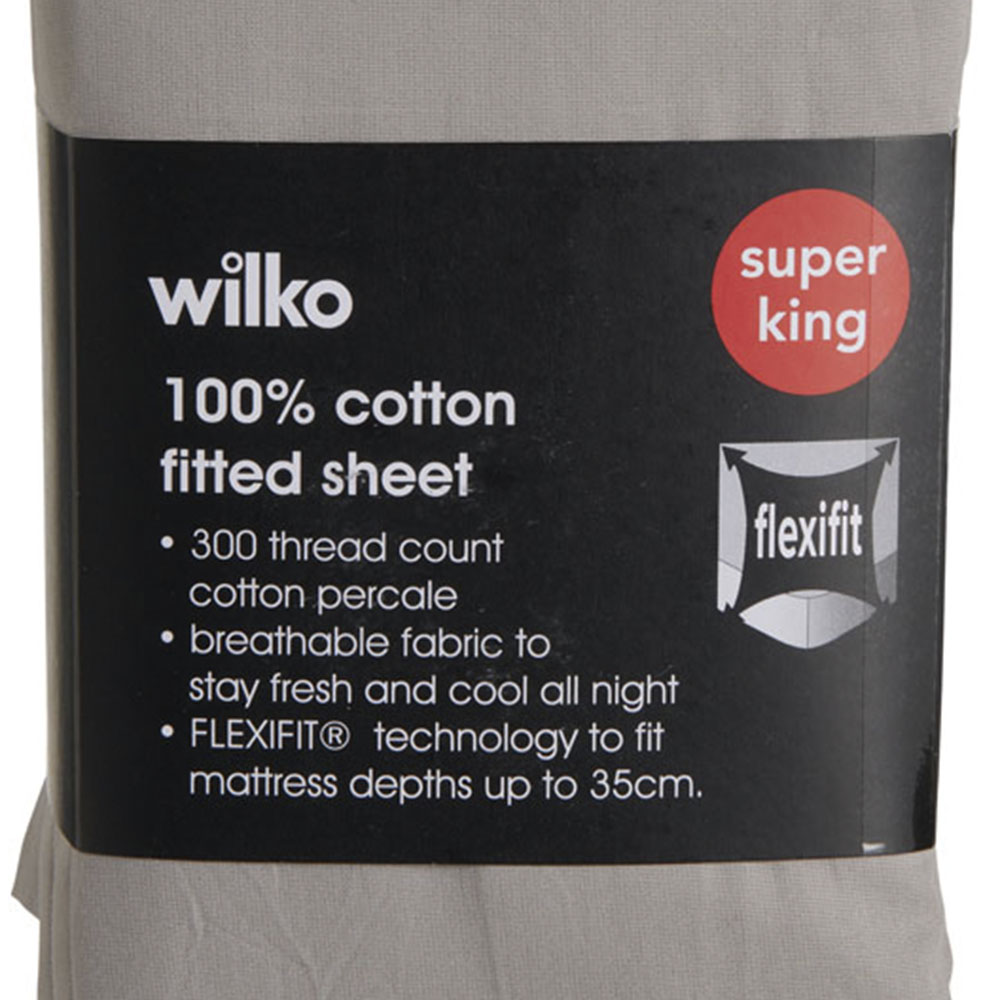 Wilko Best Silver 300 Thread Count Super King Percale Fitted Sheet Wilko