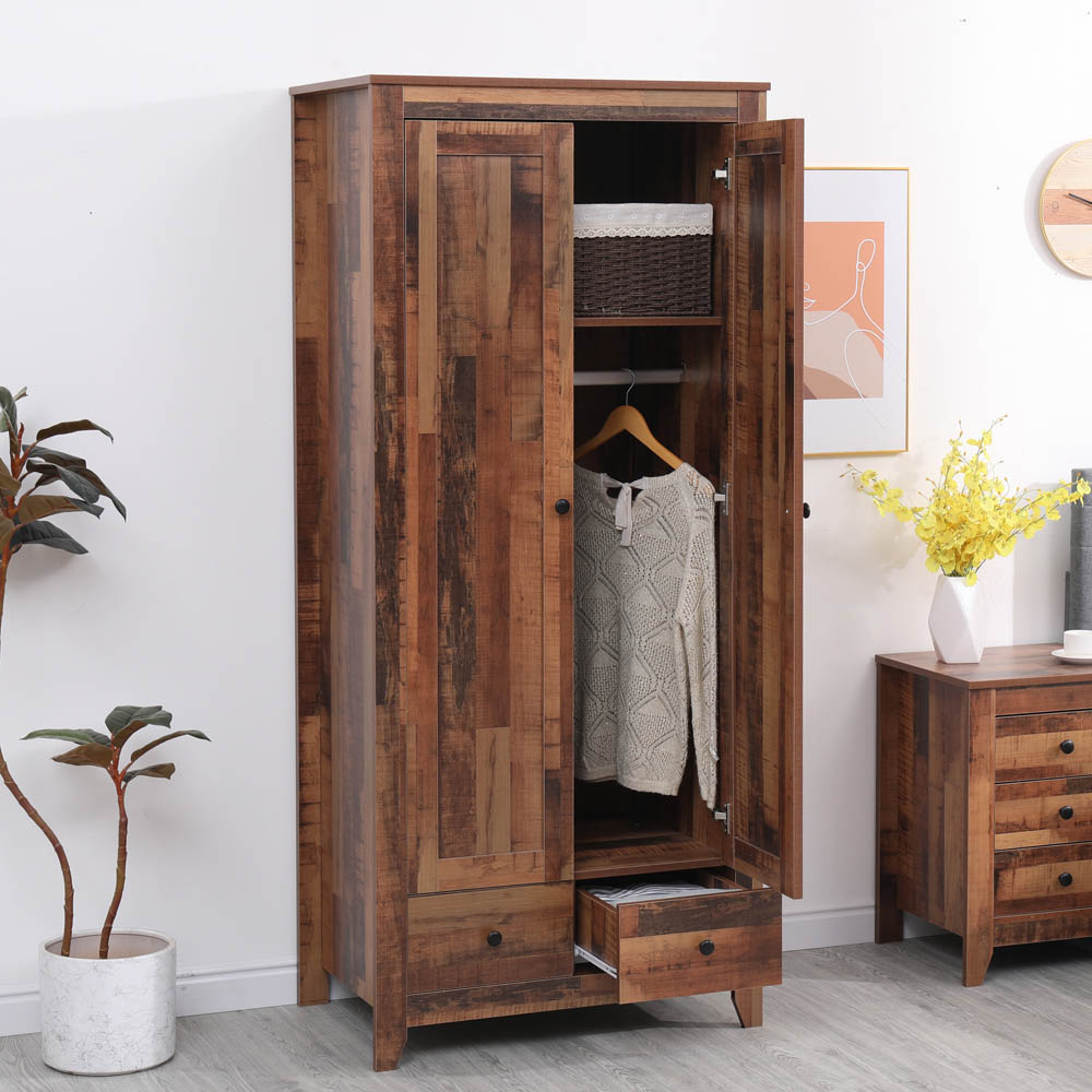 FurnitureHMD 2 Door 2 Drawer Industrial Style Wooden Wardrobe Image 8