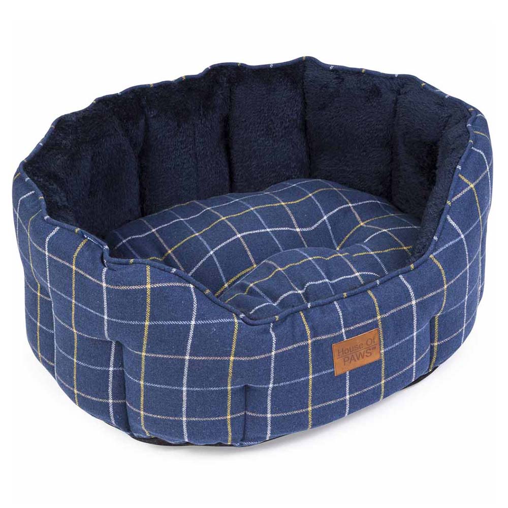 House Of Paws Navy Check Tweed Oval Snuggle Dog Bed Small Image 2