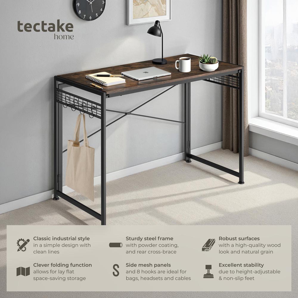 tectake Dark Wood Rustic Foldable Desk with 8 Storage Hook Image 6