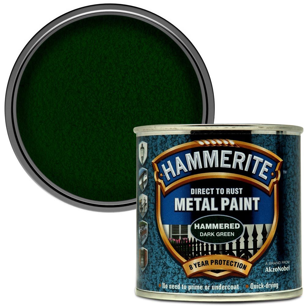 Hammerite Direct to Rust Dark Green Hammered Metal 250ml  - wilko Hammerite Metal Paint is specially formulated to perform as a primer, undercoat and topcoat. Should be applied directly to rust and will  stop it from  recurring. Solvent based paint. WARNING FLAMMABLE. Harmful to aquatic organisms. Keep out of reach children. Always read  instructions.  Coverage up  to 1.25 square metre. Hammerite Direct to Rust Dark Green Hammered Metal 250ml