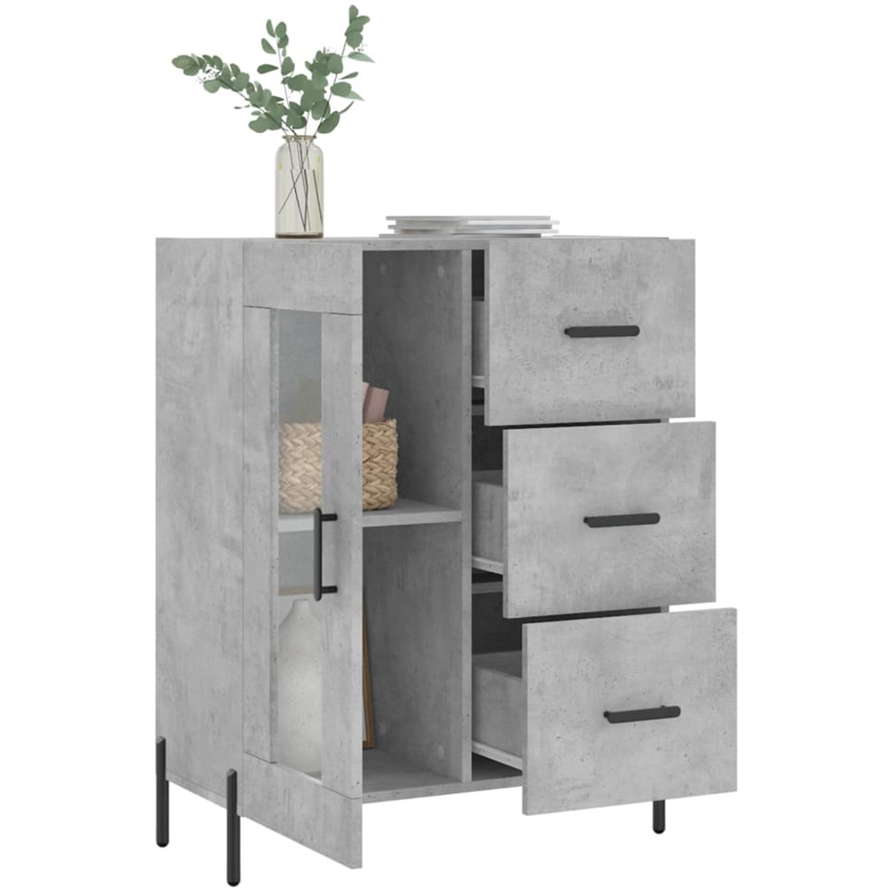 vidaXL Single Glass Door 3 Drawer Concrete Grey Wooden Sideboard Image 4