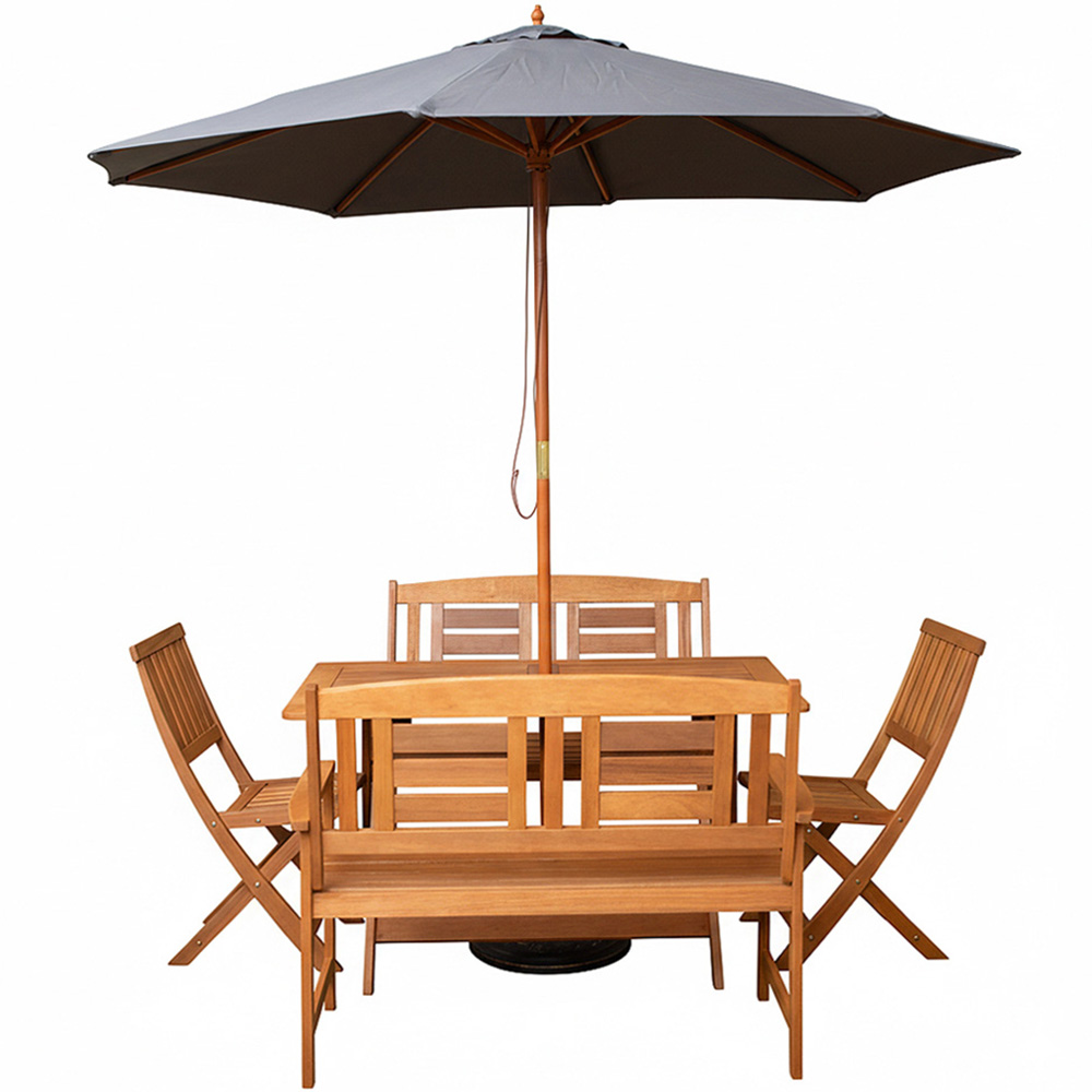 Samuel Alexander 6 Seater Wooden Rectangular Foldable Dining Bench Set with Grey Parasol and Base Image 2