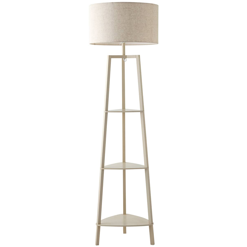 ValueLights Hiru 3 Shelf Linen Drum Shade Cream Wooden Floor Lamp with Bulb Image 1