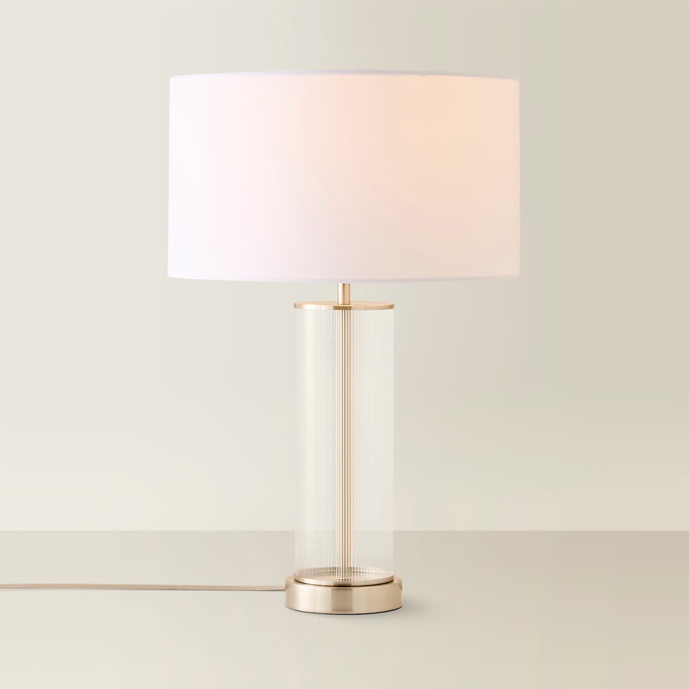 ValueLights Calin White Drum Shade Brushed Chrome Ribbed Glass Table Lamp with Bulb Image 3