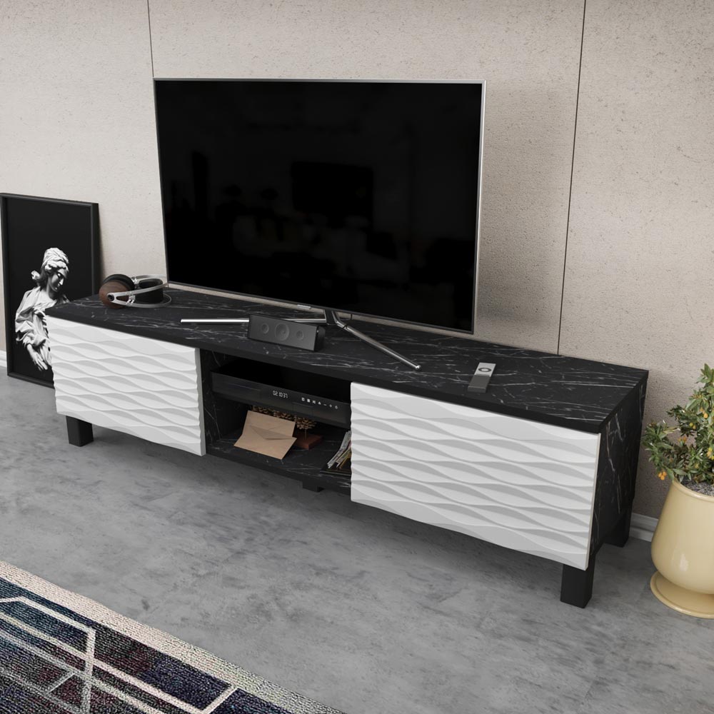 Decorotika Lukas 2 Door 2 Black Marble Effect and White TV Unit Image 4
