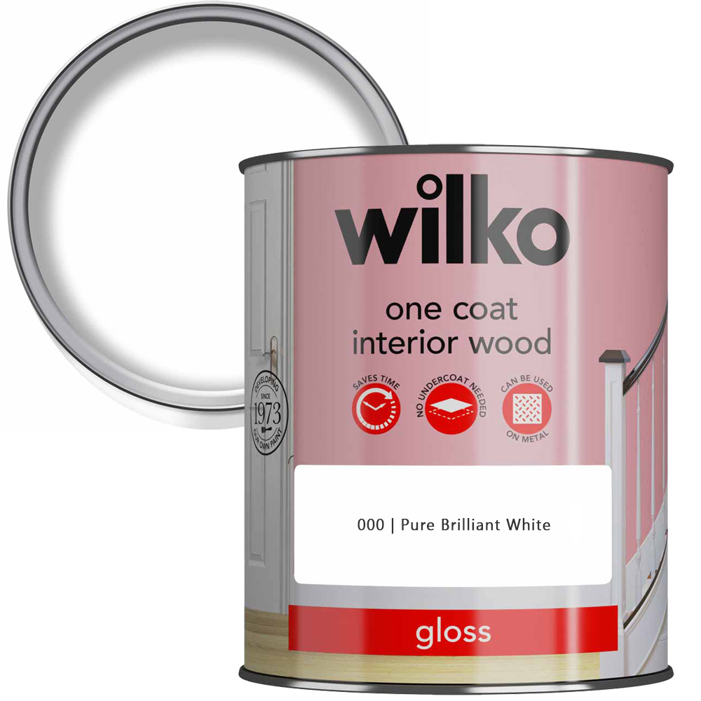 Wilko One Coat Interior Wood Pure Brilliant White Gloss Paint 750ml Image 1