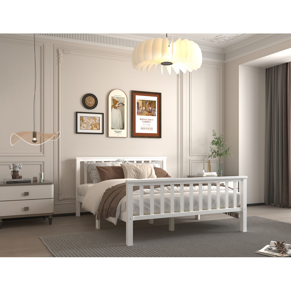 FurnitureHMD Double White Pine Wood Bed Frame with Headboard and Footboard Image 5