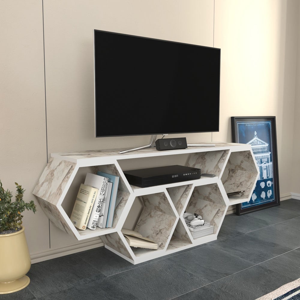 Decorotika Honey White Marble Effect Wide Hexagonal TV Unit Image 4