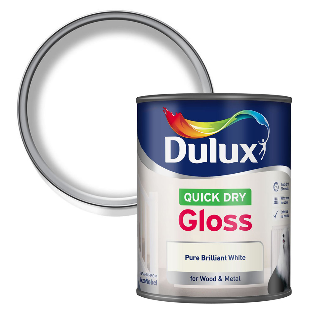 Dulux Wood and Metal Pure Brilliant White Gloss Quick Dry Paint 750ml Image 1