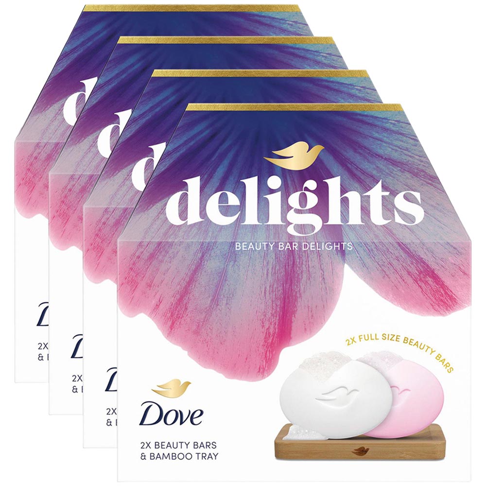 Dove Beauty Bar Delights Original and Pink Soap Gift Set with Bamboo Tray 4 Pack Image 1