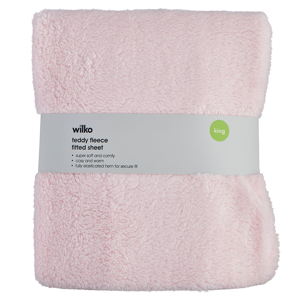 Wilko King Blush Pink Soft Teddy Fleece Fitted Bed Sheet Image 1