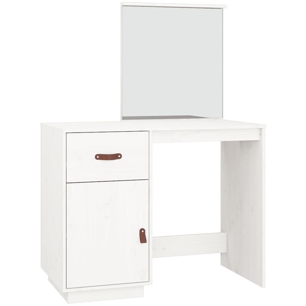 vidaXL Single Door Single Drawer White Solid Wood Pine Dressing Table with Mirror Image 2