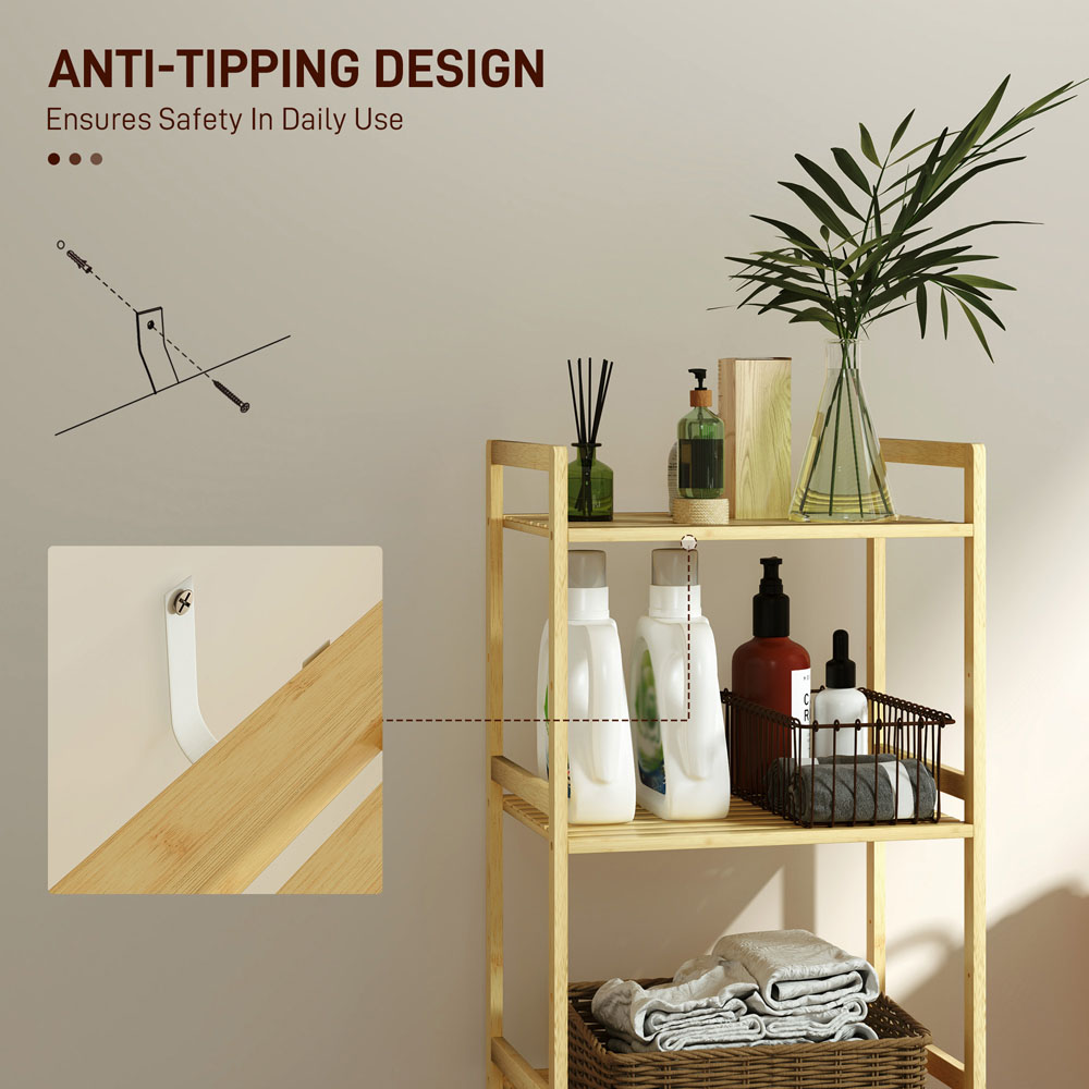 HOMCOM 3 Shelf Natural Adjustable Bamboo Bathroom Storage Shelf Image 6