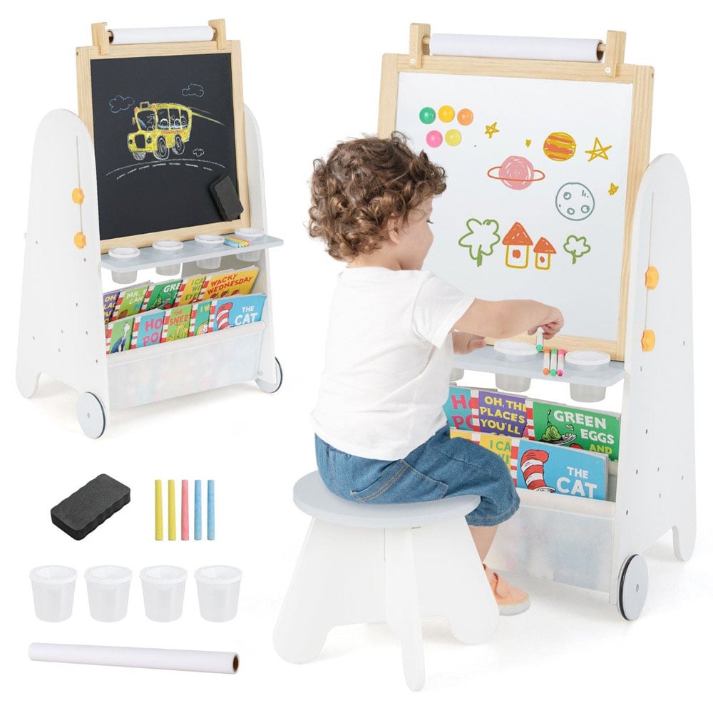 Costway Natural 4-in-1 Toddler Activity Table Set with Magnetic Whiteboard and Bookshelf Image 3