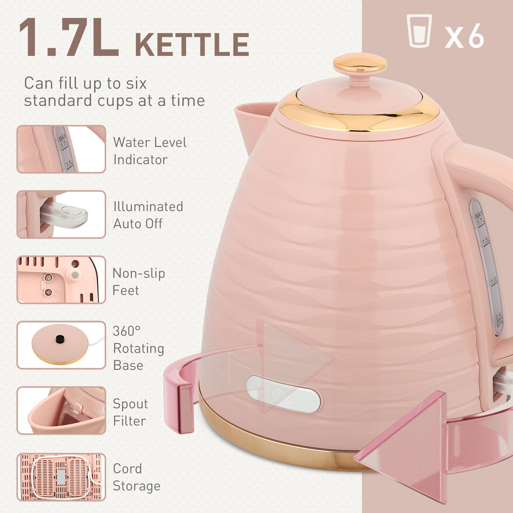 HOMCOM 800-162V70PK Light Pink 1.7L Kettle and 4 Slice Toaster Set Image 8