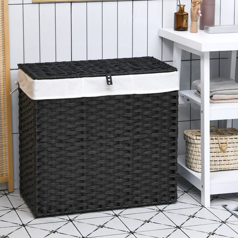 Costway Black 2 Bags Handwoven Rattan Laundry Hamper with Lid and Wheels 125L Image 2