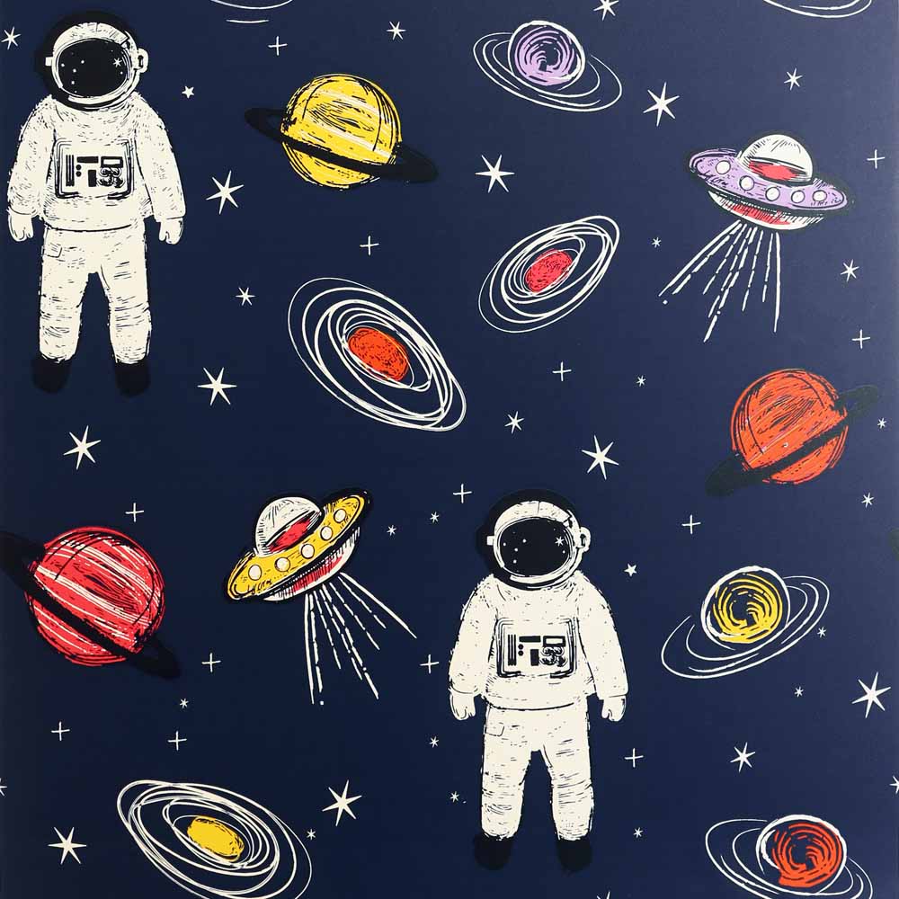 Arthouse Spaceman Astronaut Space Planets Kids Wallpaper Navy Multi