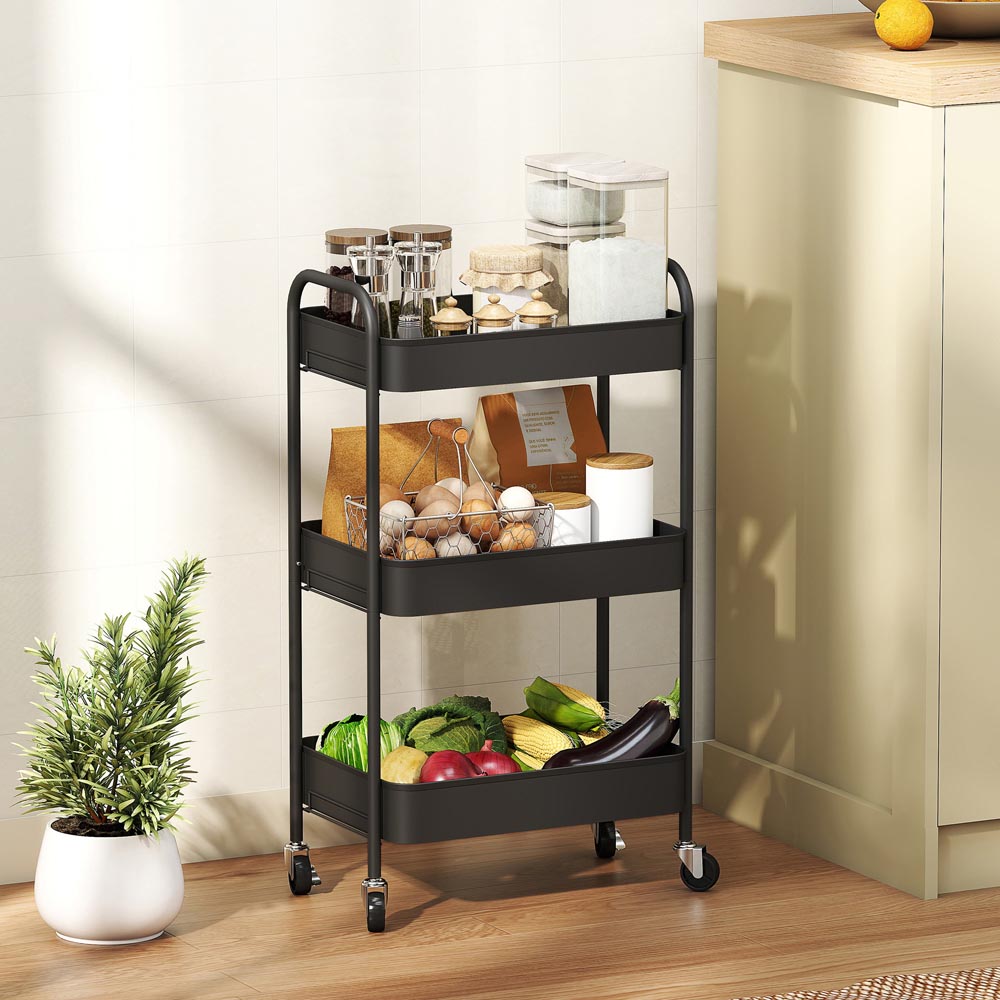 HOMCOM 3-Tier Black Mesh Basket Rolling Utility Cart Image 2