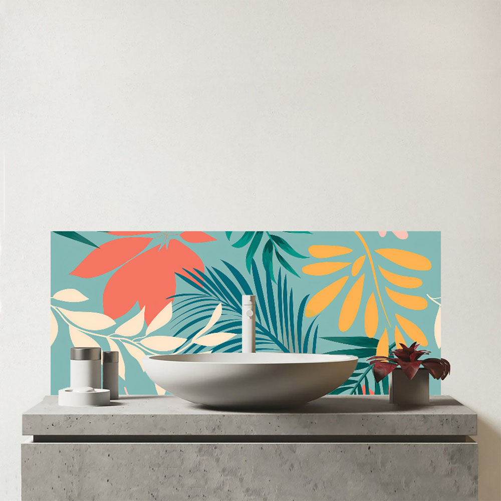 Warren Reed Designer Abstract Bright Colourful Tropical Leaves Glass Bathroom Splashback 25 x 60cm Image 1
