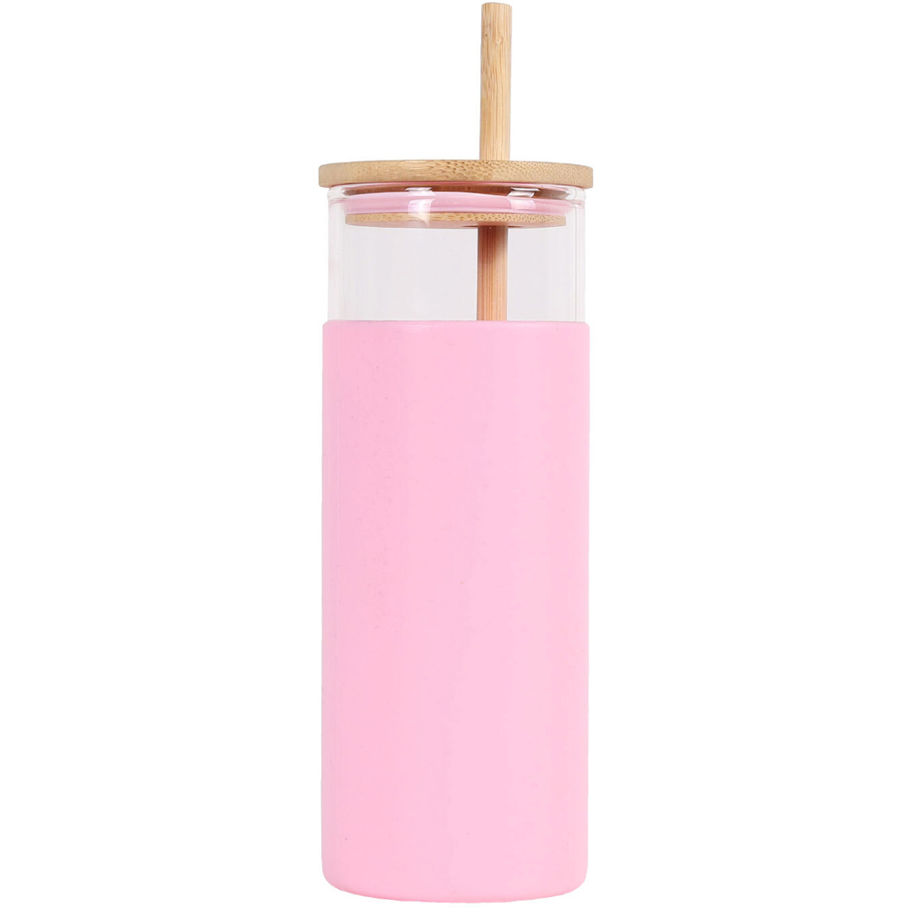 Single Glass Water Bottle with Bamboo Lid and Straw in Assorted styles Image 3