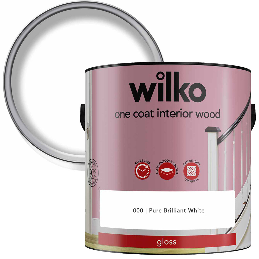 Wilko One Coat Interior Wood Pure Brilliant White Gloss Paint 2.5L Image 1