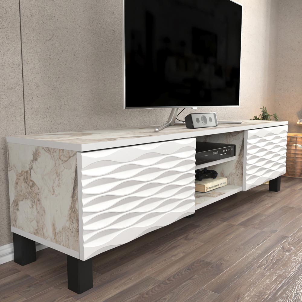 Decorotika Lukas 2 Door 2 White Marble and White TV Unit Image 4