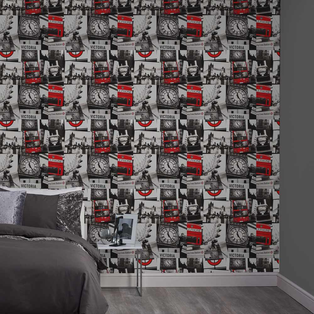 Fresco London Montage Black and Red Wallpaper | Wilko