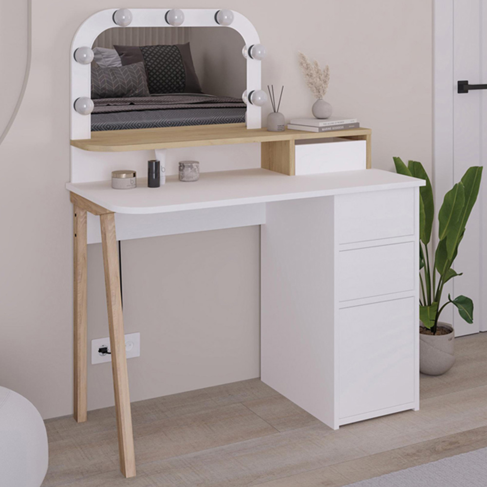 Decortie Avien 3 Drawer Single Door White and Oak Makeup Vanity Table with LED Mirror Image 1