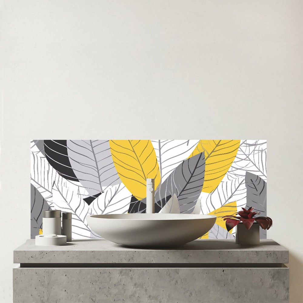 Warren Reed Designer Yellow Grey Feather Leaves Glass Bathroom Splashback 25 x 60cm Image 1
