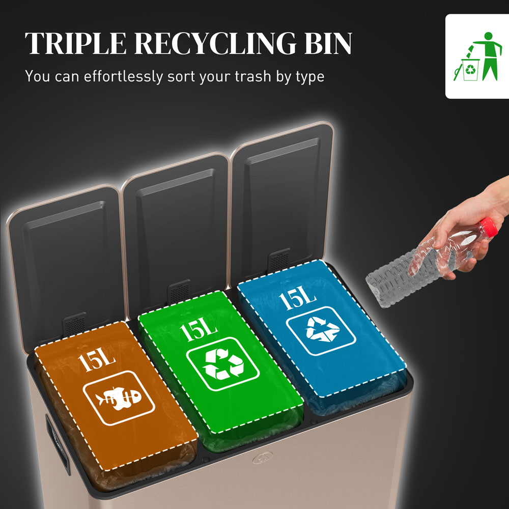 HOMCOM Gold Tone Triple Kitchen Bin Pedal Bin 45L Image 4