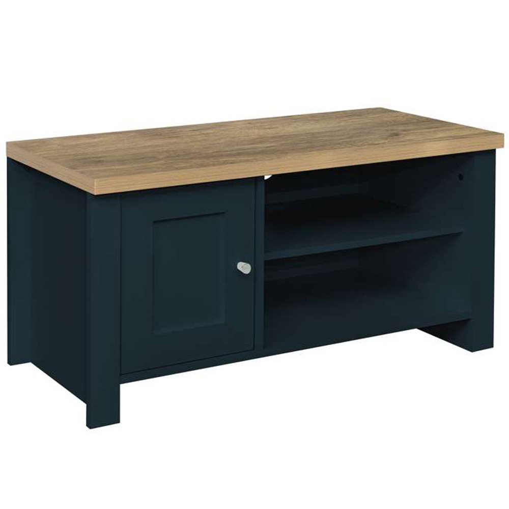 Highgate Single Drawer 2 Shelf Navy Blue Oak Small TV Unit Image 2