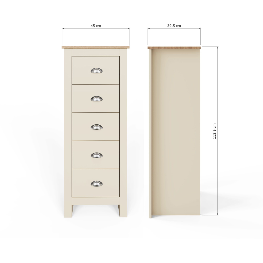 GFW Lancaster 5 Drawer Cream Tall Boy Chest of Drawers Image 9